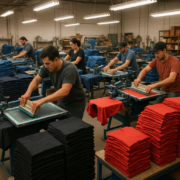 Producción serigrafía en picos de temporada alta — taller industrial con múltiples operarios
