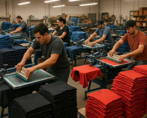 Producción serigrafía en picos de temporada alta — taller industrial con múltiples operarios