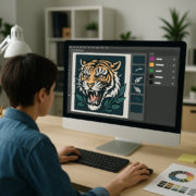 Diseñador preparando archivo de serigrafía con separación de colores y arte final vectorial