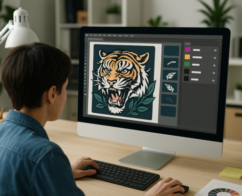 Diseñador preparando archivo de serigrafía con separación de colores y arte final vectorial
