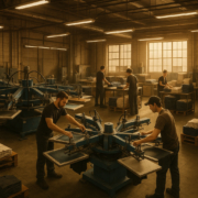 Taller industrial de serigrafía textil con máquinas automáticas — producción B2B para empresas