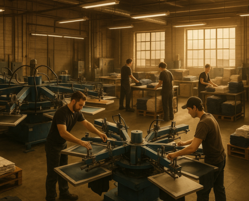 Taller industrial de serigrafía textil con máquinas automáticas — producción B2B para empresas