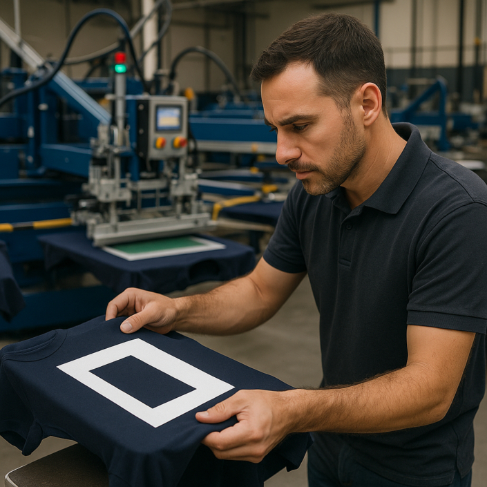 Ilustración de control de calidad en serigrafía textil durante la revisión de una prenda